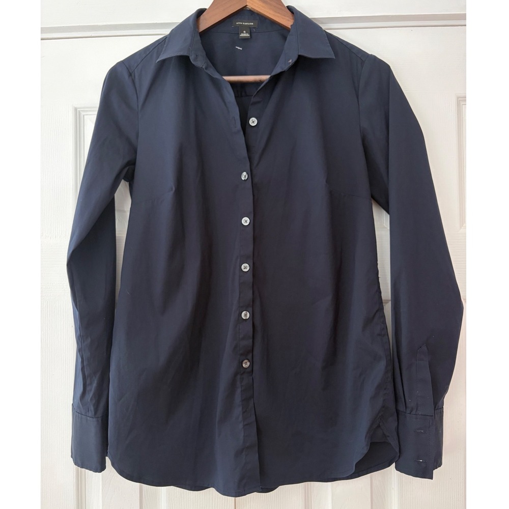Ann Taylor Womens Navy Blue Button Down Long Sleeve Tailored Shirt Size 4